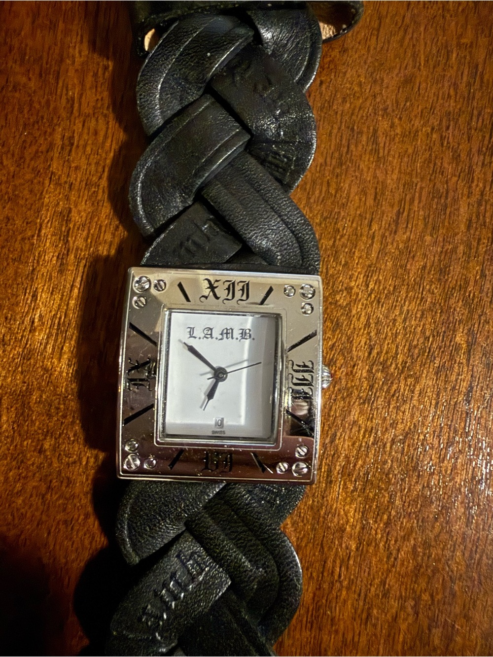 L.A.M.B. Braided Black Leather Watch with Silver Square Bezel